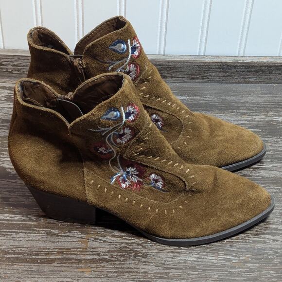 Carlos Women's Brown Embroidered Leather Upper Cowboy Ankle Boots Size 6.5 M - Picture 1 of 7
